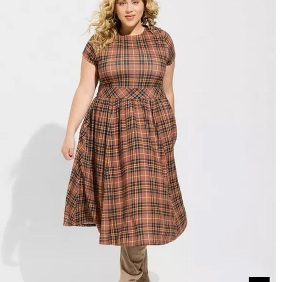 Torrid Midi Light Weight Studio Ponte Knit Dress 2X Tartan Plaid Workwear NEW - Picture 1 of 9